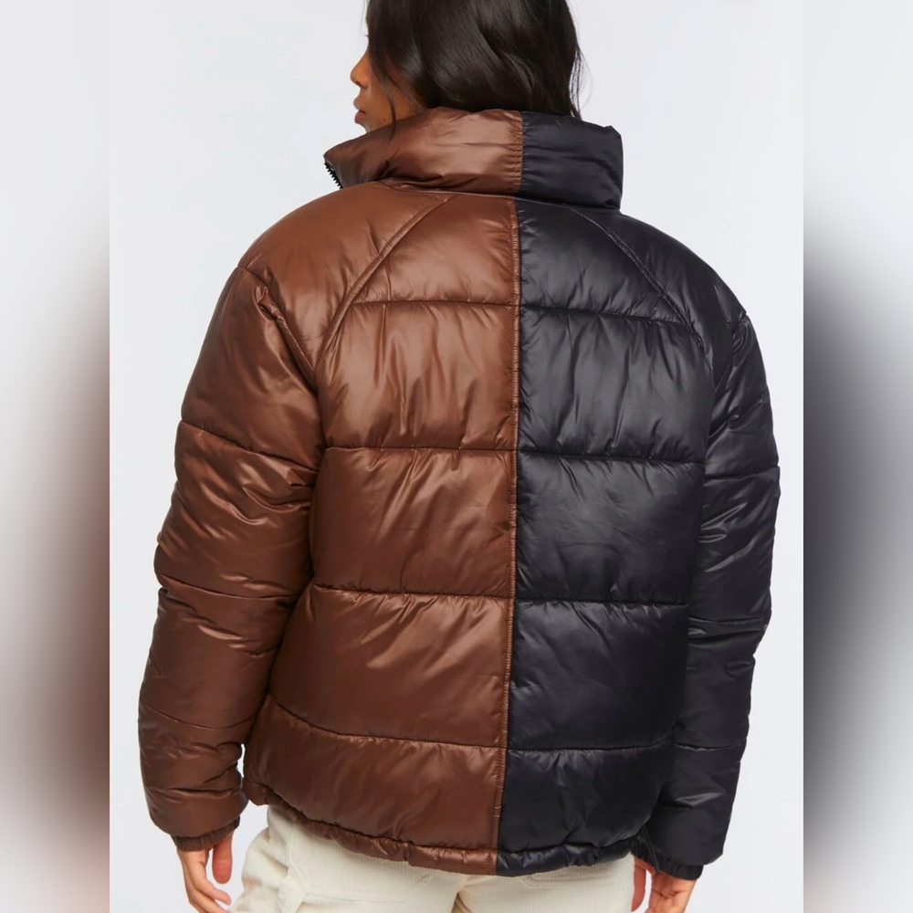 NWT Forever 21 Color Block Puffer Jacket Sz S Black/Brown Women Funnel Neck - Picture 13 of 17